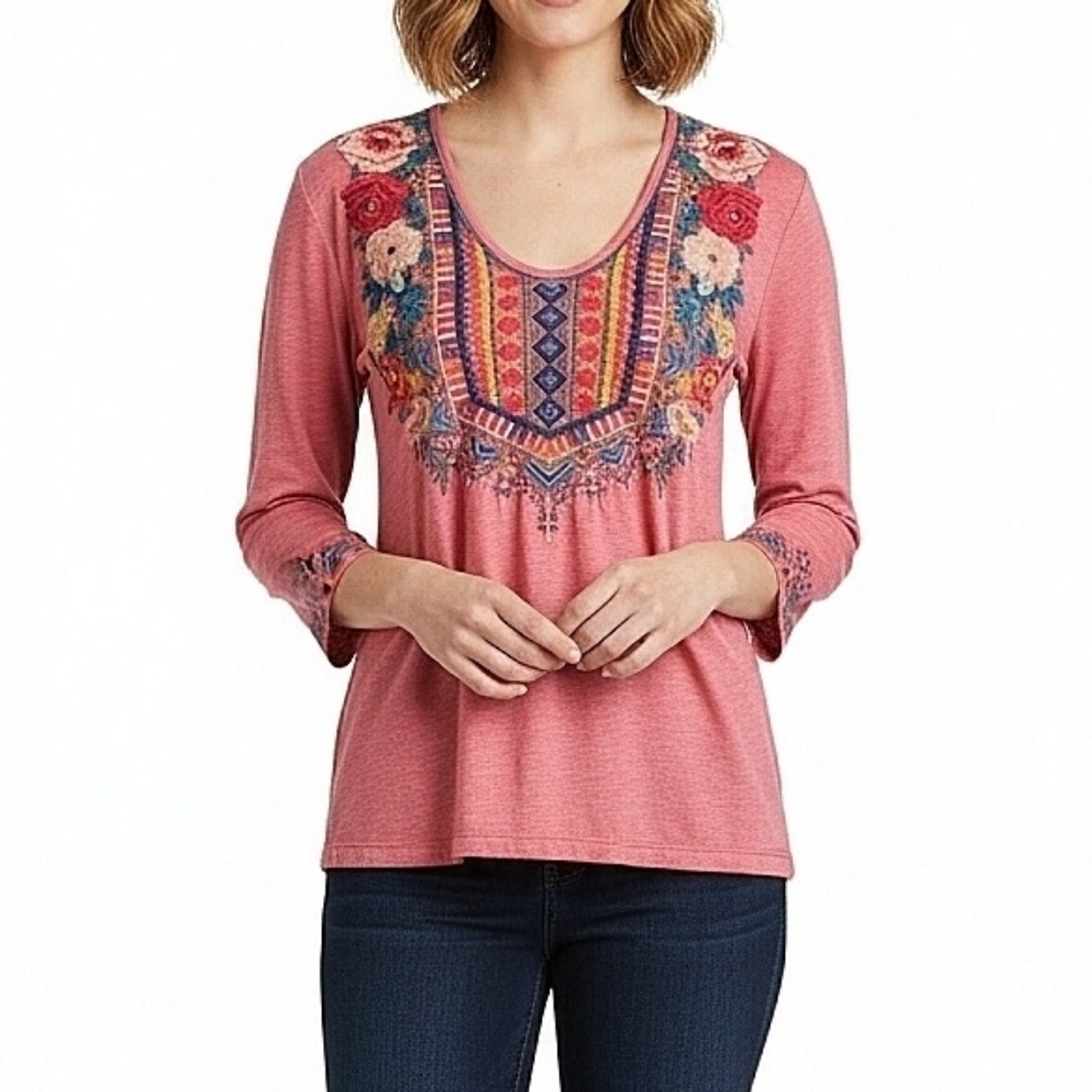 Johnny Was Tia Embroidered Boho‎ Peasant Top Pink Floral Scoop Neck Blouse XS
